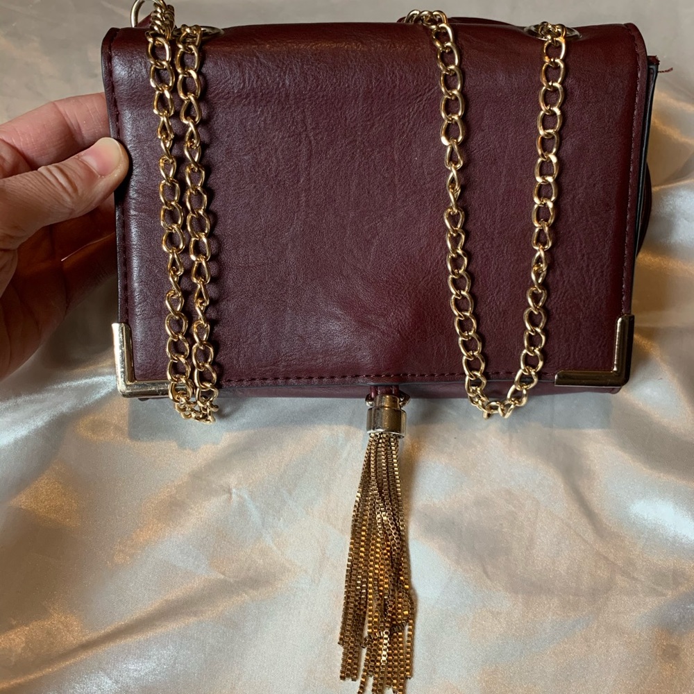 Burgundy Clutch with Gold Tassel and Gold Chain